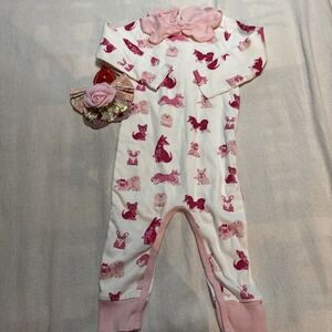 Paris Hilton Monica & Andy Organic Cotton Romper Pink Dogs Headband Girls 18-24M